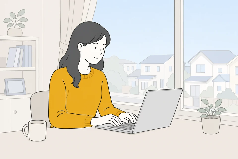 自宅の窓辺のデスクでノートパソコンに向かう人のイラスト