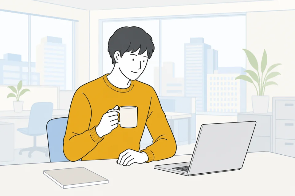 カジュアルな服装でマグカップを片手にデスクに向かう人のイラスト