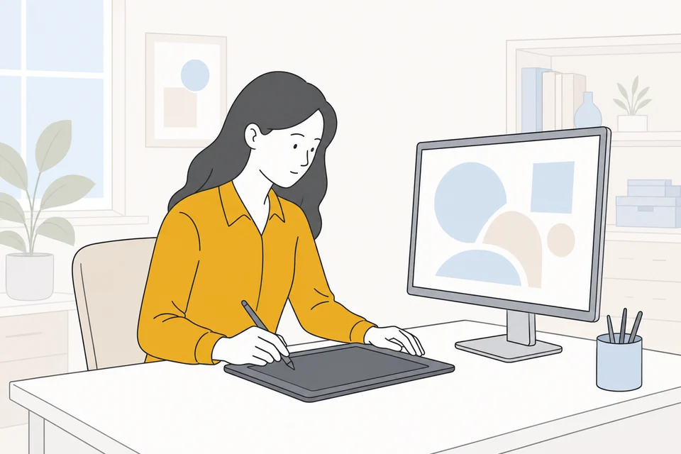 ペンタブレットでデザイン作業をしている人のイラスト
