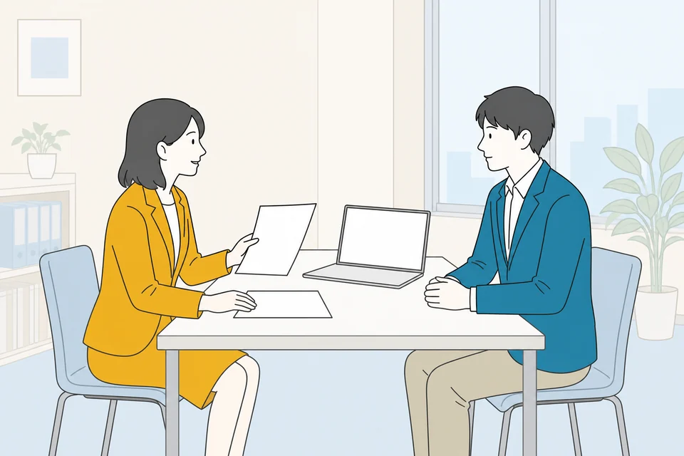 テーブルをはさんでキャリアコーディネーターと相談者が話している面談のイラスト