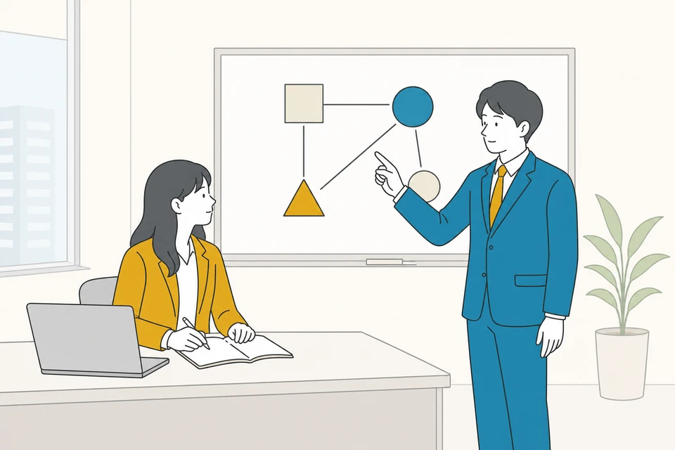 ホワイトボードの図を見ながら先輩と技術の相談をしている若手社員のイラスト