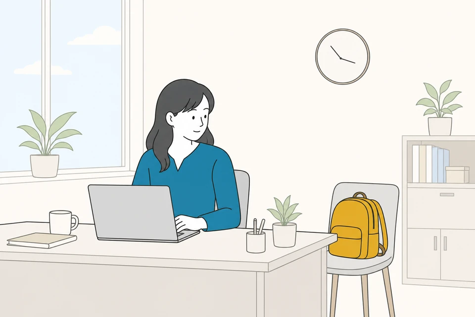 子どもを送り出したあと自宅の机で仕事を始める人のイラスト