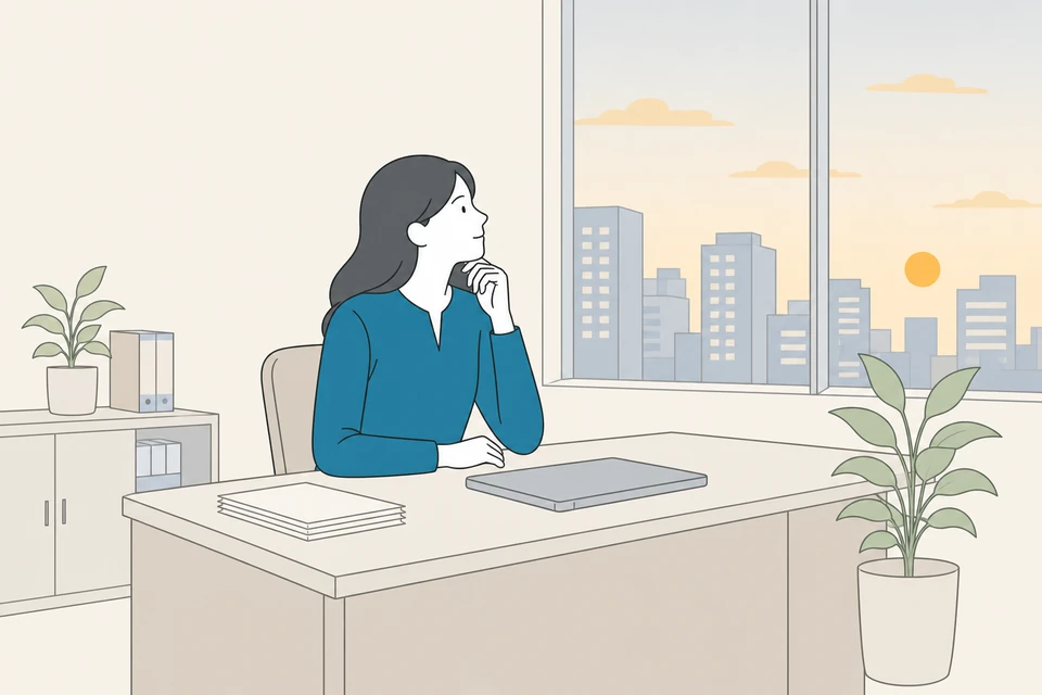 窓の外を眺めながらこれからの働き方を考えている人のイラスト